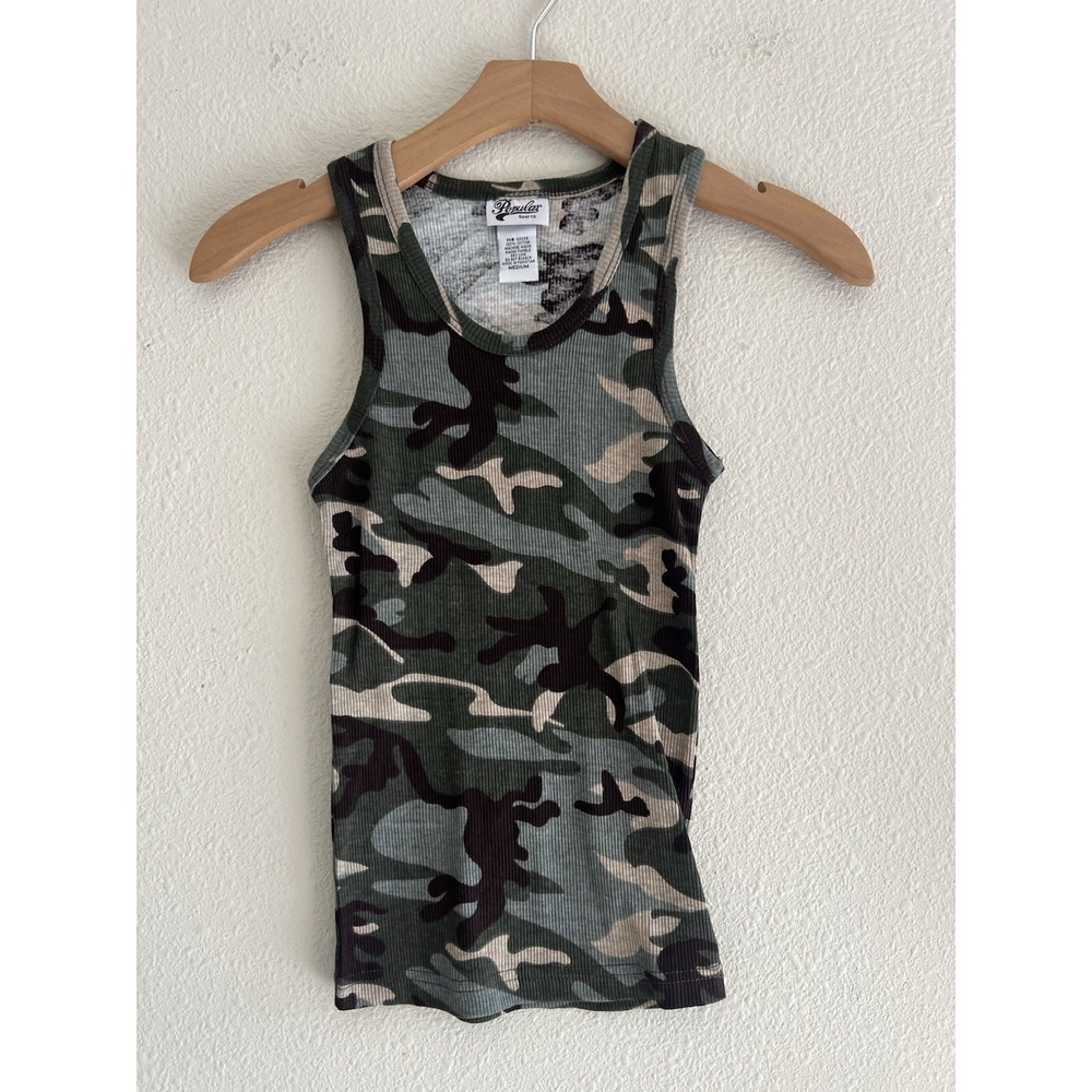 Popular Sports Y2K Camo Ribbed Tank Top M Fits S XS Grunge Streetwear